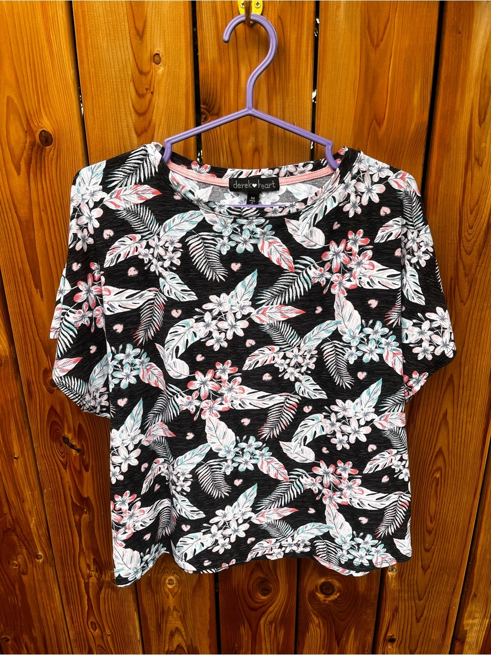 Derek Heart Black Floral Short Sleeve Tee with Pink & Light Blue Accents